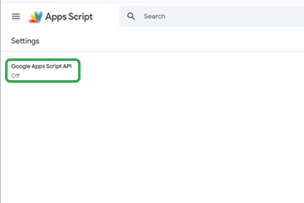 Apps Script settings page with API toggle