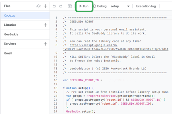 Apps Script editor showing your robot's code